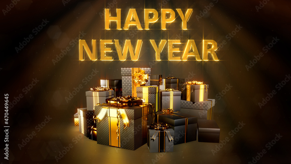 Aufkleber black and goldish present boxes pile with text happy new year - abstract 3d rendering
