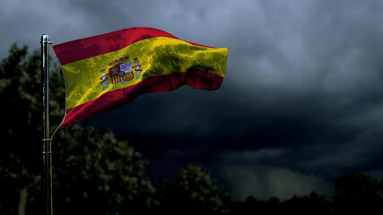 Spain flag for national celebration on dark storm cumulus - abstract 3D rendering