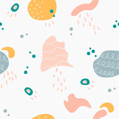 Abstract seamless pattern. Hand drawn doodle various shapes, lines, spots, drops, curves. Contemporary modern trendy Vector background or wallpapers.