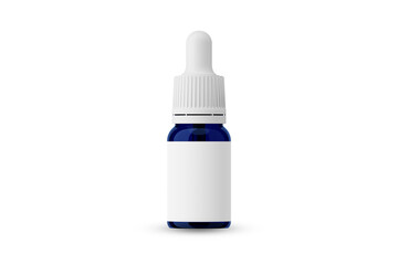 Blue Glass Essential Oil Bottle with White Cap with Dropper and Blank Label for Mockup Creation 3D Rendering