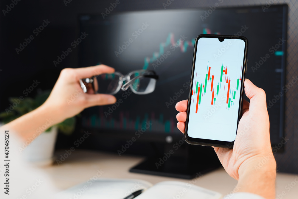 Poster business, finance and technology. businessman trader investing in stocks and cryptocurrency on mobil