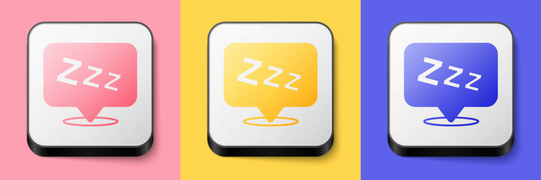 Isometric Sleepy icon isolated on pink, yellow and blue background. Sleepy zzz talk bubble. Square button. Vector