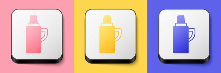 Isometric Thermos container icon isolated on pink, yellow and blue background. Thermo flask icon. Camping and hiking equipment. Square button. Vector