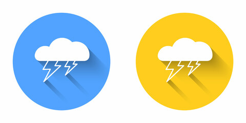 White Storm icon isolated with long shadow background. Cloud and lightning sign. Weather icon of storm. Circle button. Vector