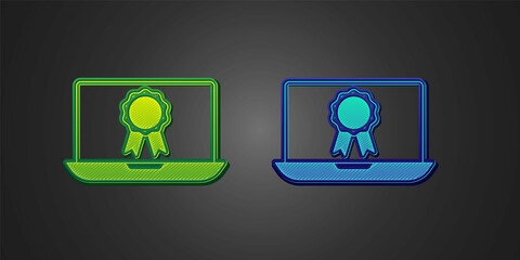 Green and blue Online education with diploma icon isolated on black background. Diploma online at home. Webinar and video seminar learning. Vector
