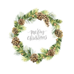 Fototapeta na wymiar Watercolor Christmas wreath. Hand painted with spruce branches and pinecones cone isolated on white background. Merry Christmas card with hand lettering