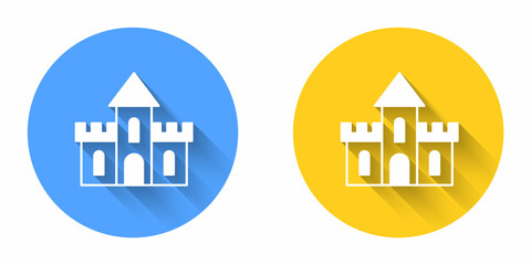 White Sand castle icon isolated with long shadow background. Circle button. Vector