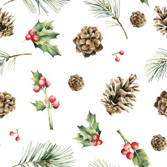 Fototapeta premium Watercolor botanical seamless pattern with branches pine, cones and branches holly. Repeating texture isolated on white background. Pattern for wrapping paper, print or fabric.