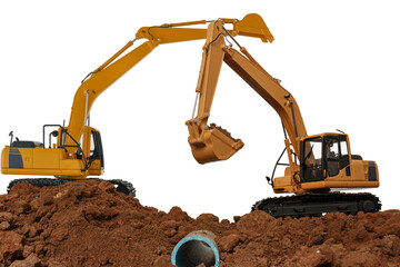 Two Excavator is digging in the construction site pipeline work on isolated white background,With bucket  lift up.