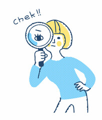 虫眼鏡を覗いている若い女性
