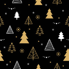Seamless pattern of gold and white Christmas tree with stars on black background