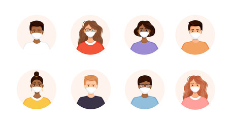 Set of diverse avatars of people in a face mask. Collection of portraits of men and women in a round frame. Prevention of coronavirus, flu, air pollution, viruses and disease. Vector illustration.