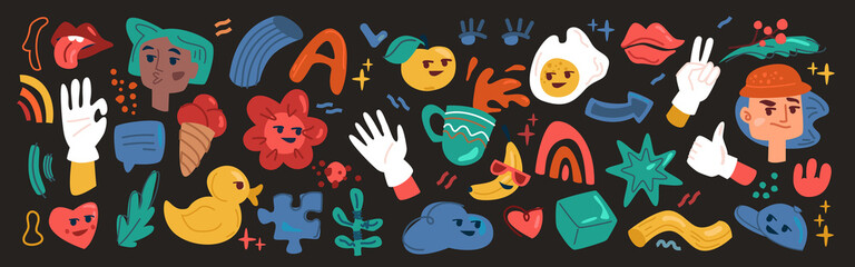Abstract doodles with characters and gestures, funny comic collection. Okay and victory hand sign, flowers and foliage, duck toy and heart, kiss and cloud. Apple and egg with face. Vector in flat