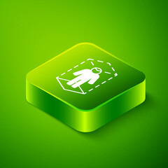 Isometric 3d modeling icon isolated on green background. Augmented reality or virtual reality. Green square button. Vector