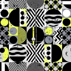 Poster seamless geometric pattern background, retro style, with circles, squares, paint strokes and splashes, black and white © Kirsten Hinte