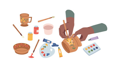 Ceramist craftswoman drawing decoration on ceramic pottery clay jug during master class. Vector creative occupation in workshop. Relax with handicraft, handmade decor. Acrylic watercolor paints, cup