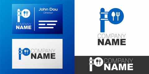 Logotype Cafe and restaurant location icon isolated on white background. Fork and spoon eatery sign inside pinpoint. Logo design template element. Vector.