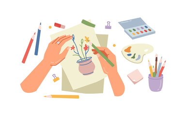 Painting workshop, hands hold paint brush and draw flowers in vase on piece of paper. Vector woman on art therapy lesson, paintbrushes and watercolor brushes, colored pencils, craft handmade