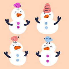 Hand drawn snowmen and birds winter collection. Perfect for T-shirt, stickers, textile and print. Doodle vector illustration for decor and design.
