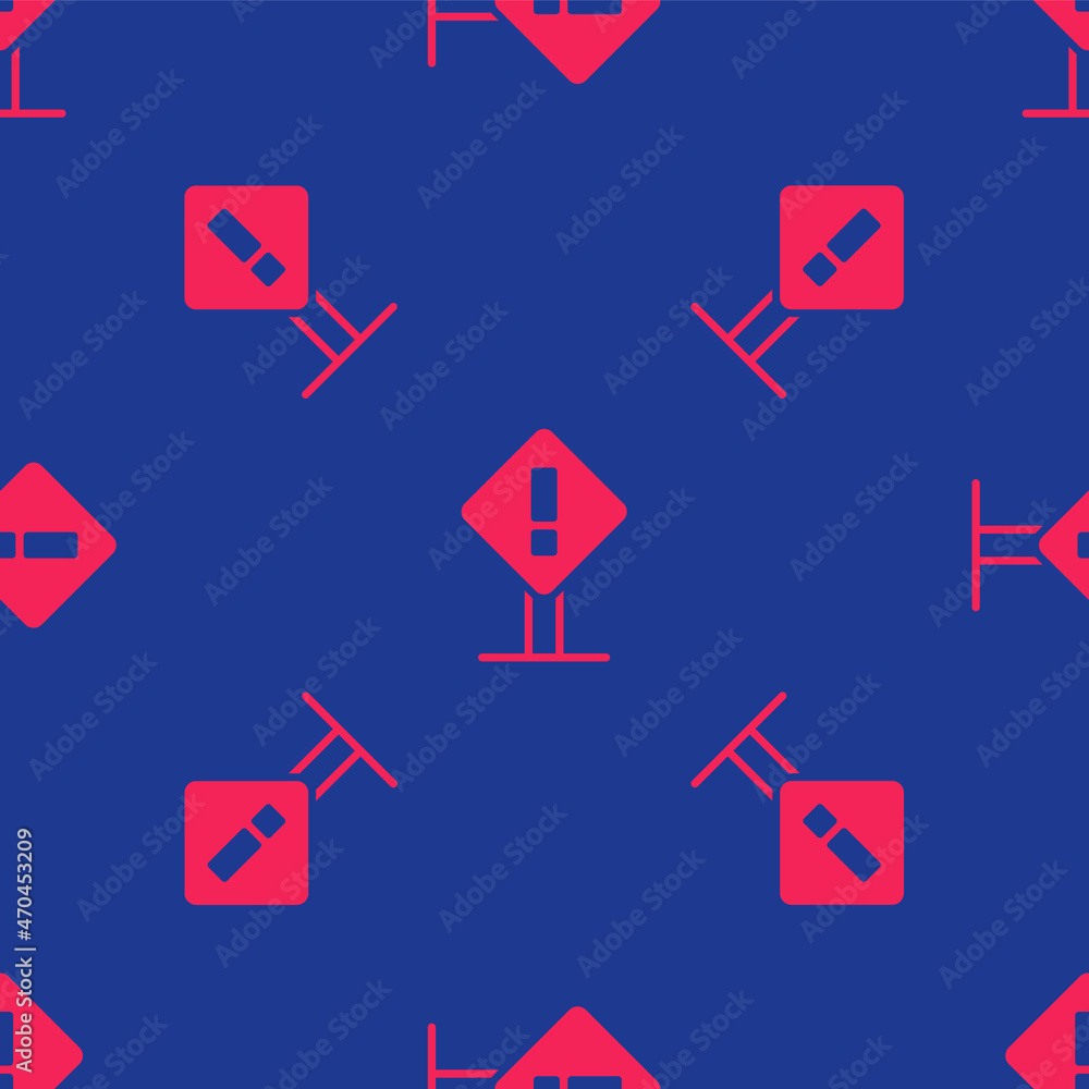Poster red exclamation mark in square frame icon isolated seamless pattern on blue background. hazard warni