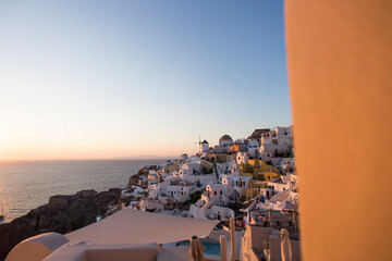 Oia village on Santorini island in Greece at sunset