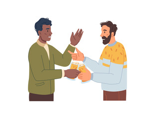 People drinking alcoholic beverages and communicating. Vector male characters friends get together, guys tasting beer and talking. Nightlife and entertainment, partying or meeting of colleagues