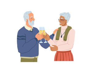Senior people drinking sparkling wine or champagne from glasses. Vector elderly woman and man celebrating special occasion or anniversary. Characters tasting alcoholic beverage. Isolated pensioners