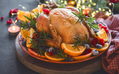 Baked  chicken. The Christmas table is served with a turkey, decorated with bright fruits. Christmas dinner.