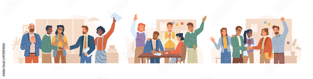 Poster people working in office cheering and applauding. vector business workers signing documents or agree