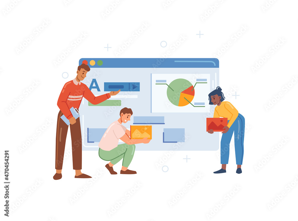 Poster Web designers making interface of website functional for users. Team of professionals working on social media page showing graphs and pictures. Application for desktop and mobile versions, vector