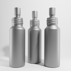 three metallic bottles cosmetic with metallic cap a front view 3d render