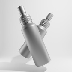 two cosmetic metallic bottles flying on white background 3d render 