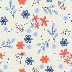 Fototapeta na wymiar Cute seamless pattern in small colorful flowers. Garden flower, plants, botanical Vector background.