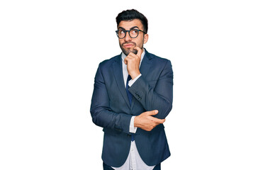 Hispanic man with beard wearing business suit and tie serious face thinking about question with...