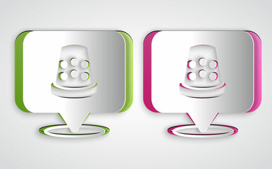 Paper cut Thimble for sewing icon isolated on grey background. Paper art style. Vector