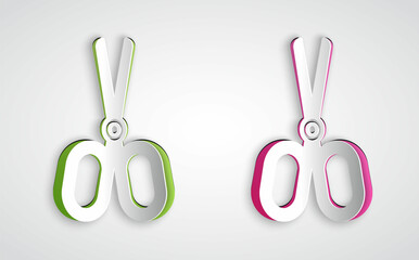 Paper cut Scissors icon isolated on grey background. Tailor symbol. Cutting tool sign. Paper art style. Vector