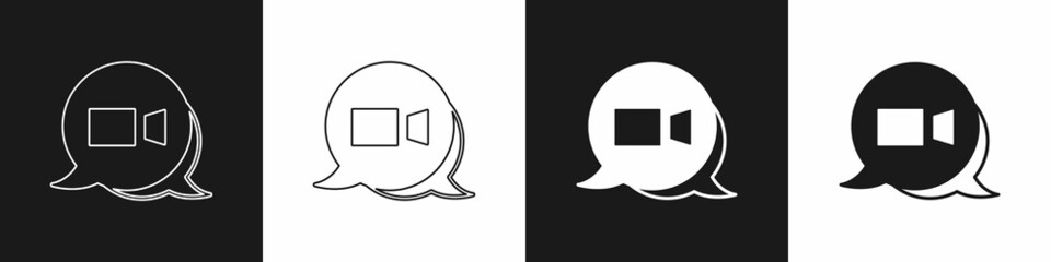 Fototapeta premium Set Video chat conference icon isolated on black and white background. Online meeting work form home. Remote project management. Vector