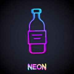 Glowing neon line Glass bottle of vodka icon isolated on black background. Vector