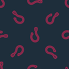Red line Fishing hook icon isolated seamless pattern on black background. Fishing tackle. Vector