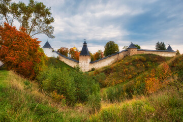 Powerful defensive walls, temples,  and beautiful churches in the Dormition Pskovo Pechersky...