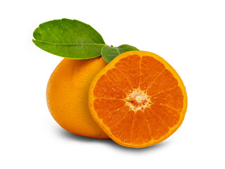 Orange with cut in half and green leaves isolated on white background, with clipping path.