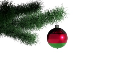 New Year's ball with the flag of Malawi on a Christmas tree branch isolated on white background. Christmas and New Year concept.