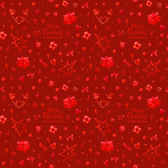 Seamless watercolor Christmas pattern with winter decorative elements, garlands, gifts, stars, mittens, snowflakes, wishing a merry Christmas. Hand-drawn cute picture on a red background.
