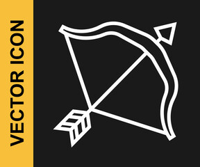 White line Medieval bow and arrow icon isolated on black background. Medieval weapon. Vector