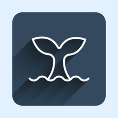 White line Whale tail in ocean wave icon isolated with long shadow background. Blue square button. Vector