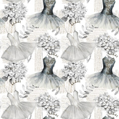 Vintage watercolor seamless pattern with ballet tutu, diadem, hortensia and golden elements. Hand drawn illustration on white background - obrazy, fototapety, plakaty