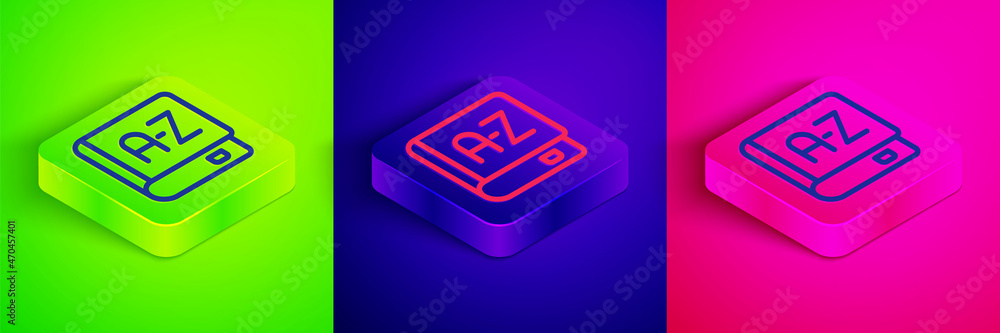 Poster isometric line translator book icon isolated on green, blue and pink background. foreign language co
