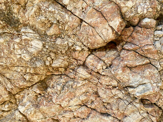 Brown stone background. Rock texture. Mountain surface. Close-up. Stone wall. Wide banner with copy space for your design