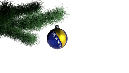 New Year ball with the flag of Bosnia and Herzegovina on a Christmas tree branch isolated on white background. Christmas and New Year concept.