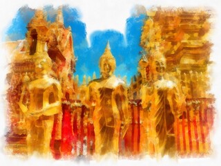 Landscape of Doi Suthep Temple Chiang Mai Thailand watercolor style illustration impressionist painting.